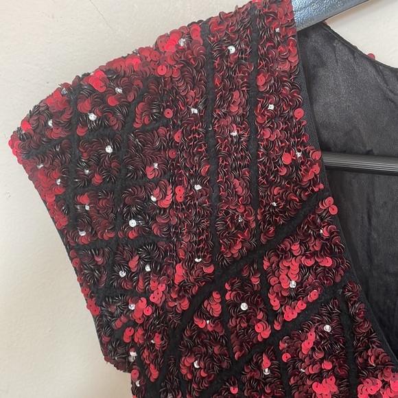 Parker Black Label Black Red Sequin Cap Sleeve V Neck Mini Dress - Picture 5 of 10